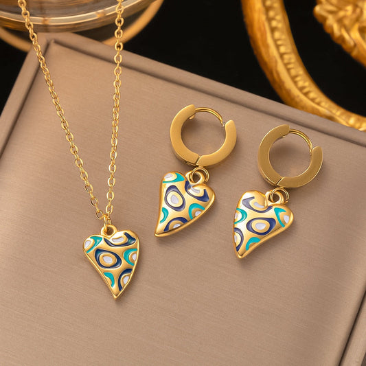 Gold Heart Shape Stainless Steel Turkish Earrings Necklace Set - Elegant Heart Shaped Turkish Jewelry Set