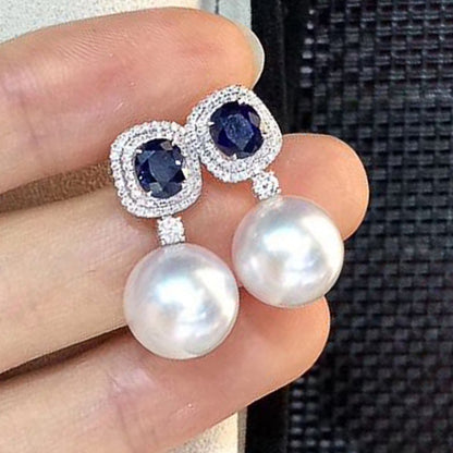 Blue Cubic Zirconia and Imitation Pearl Drop Earrings