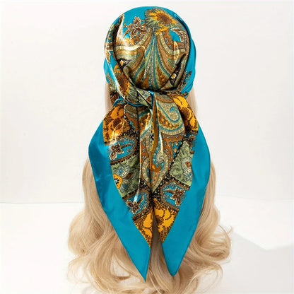 Handkerchiefs Hair Silk Scarf 90*90cm Print Satin Big Square Silk Scarves Shawls for Women Luxury Brand Designer Hijab Headband - Glam Duchess