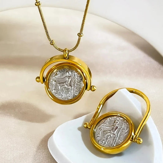 Stainless Steel Gold Silver Plated Greek Roman Coin Pendant Necklace Ring Jewelry Set