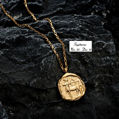 Gold Plated Stainless Steel 12 Zodiac Signs Coin Pendant Necklace