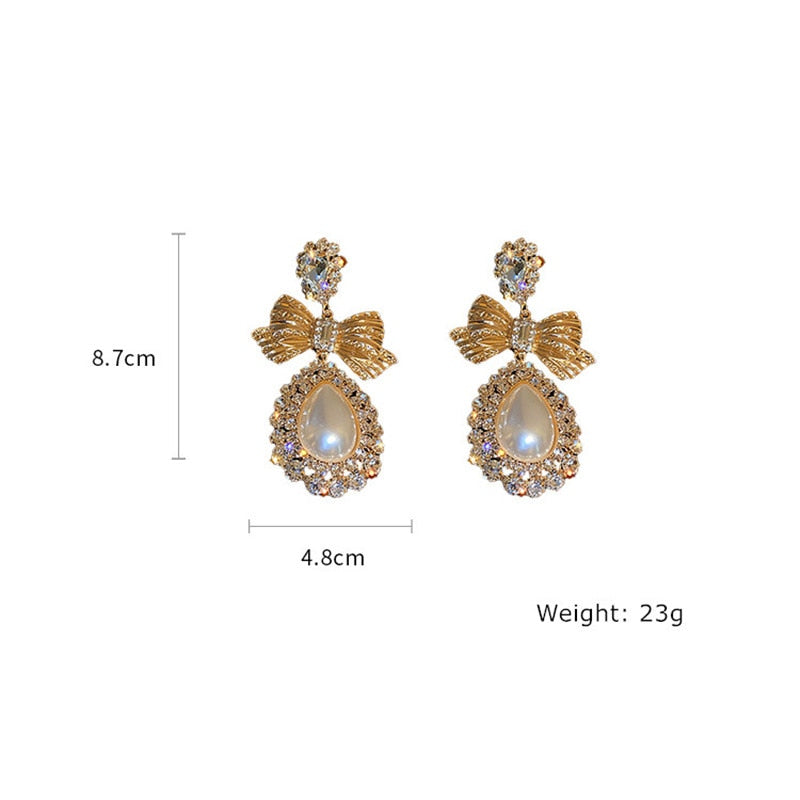 Elegant Gold Bowknot Crystal Pearl Dangle Earrings