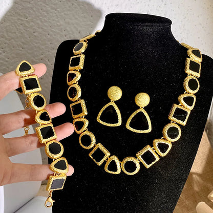 Modern Black Gold Necklace, Earrings and bracelet Jewelry Set