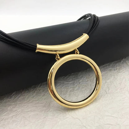 Elegant Chunky Black Leather Gold Necklace Choker