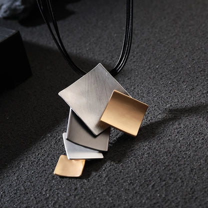 Long Leather Chain Trending Geometric Square Pendant Necklace