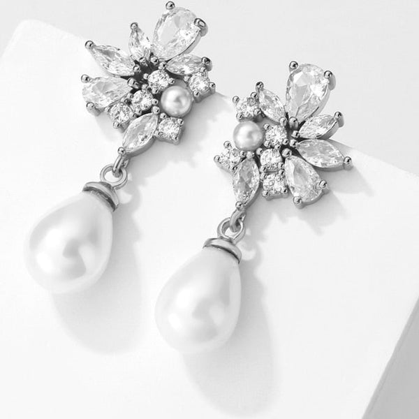 Bridal Cubic Zirconia Pearl Drop Earrings