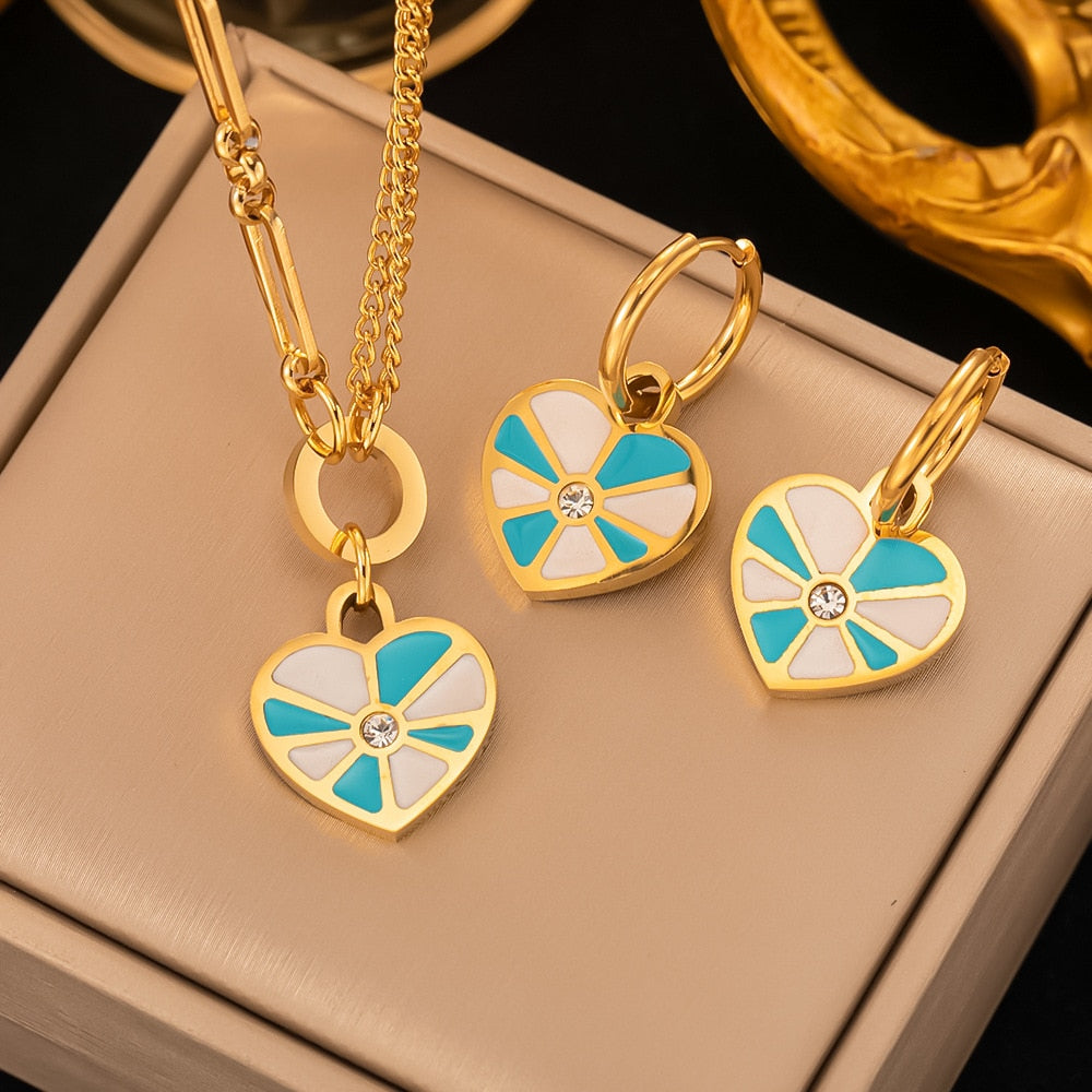 Gold Four-leaf Clover Stainless Steel Earrings and Necklace Set