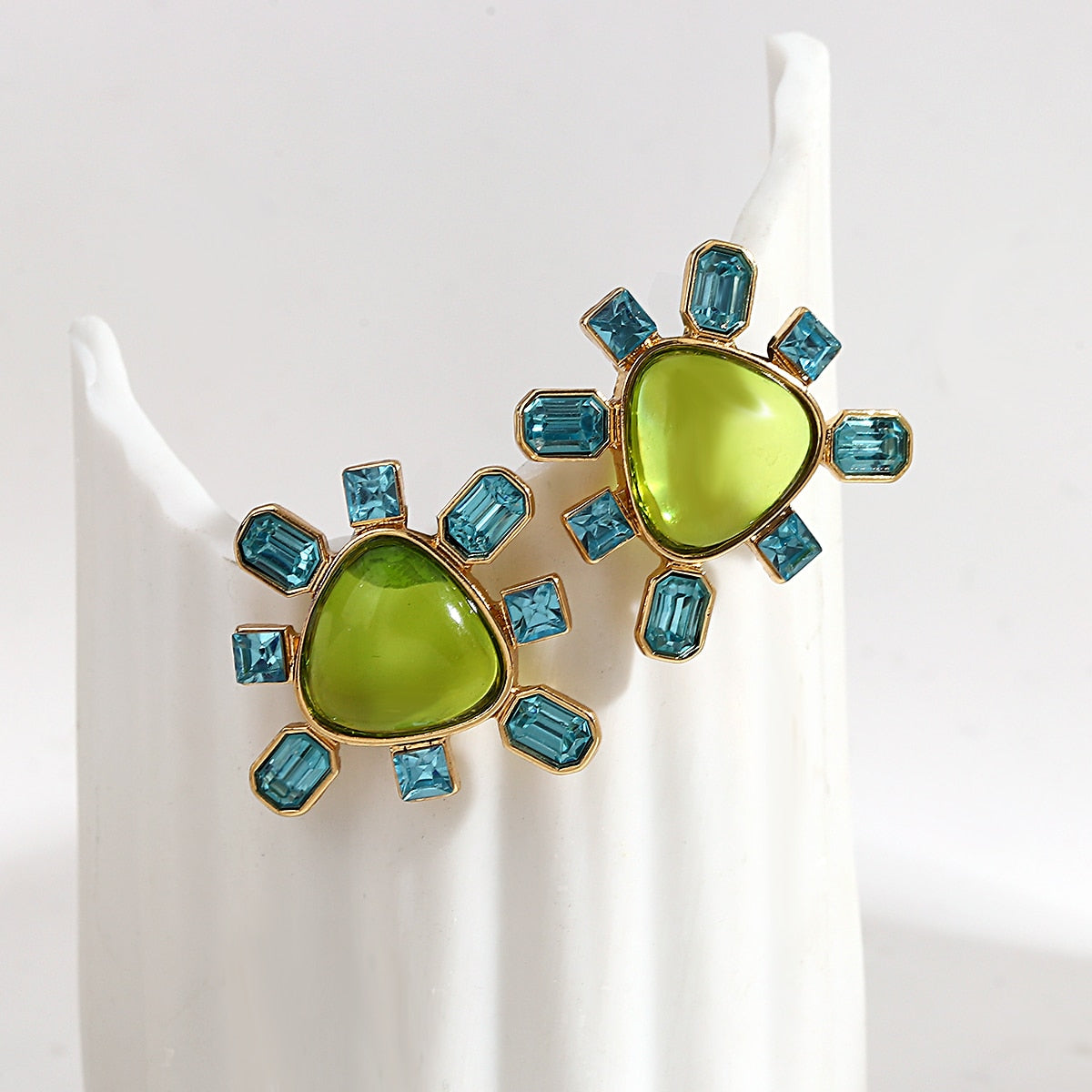 Geometric Crystal Flower Green Stud Earrings