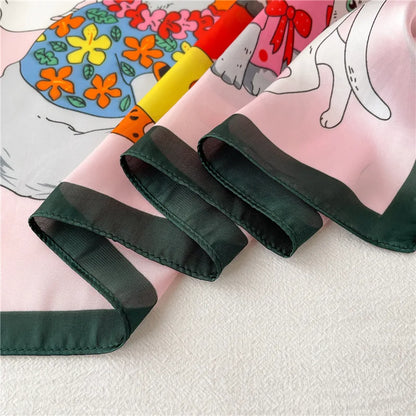 Whimsical Cartoon Cat Silk-Feel Scarf – Square Head Wrap & Neckerchief