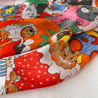 Whimsical Cartoon Cat Silk-Feel Scarf – Square Head Wrap & Neckerchief