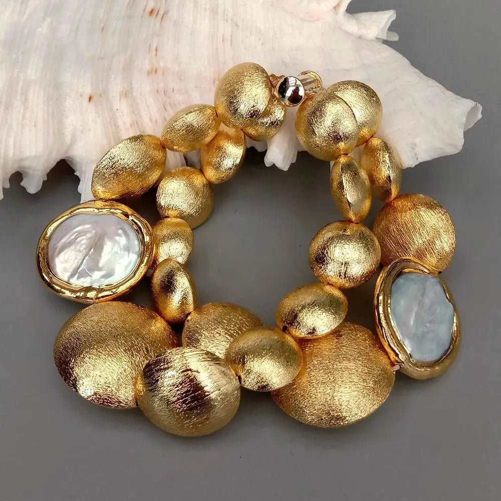 White Coin Pearl and Brushed Bead Strand Bracelet with Gold Plating