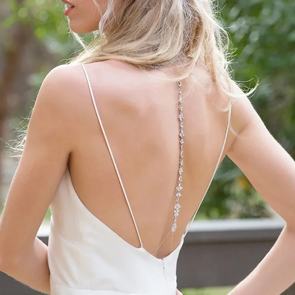 Zircon Leaf Back Chain Necklace Rhinestone Long Water Drop Body Chain Bridal Wedding Accessories