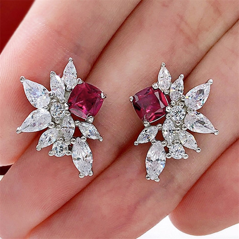 Floral Geometric Cubic Zirconia Stud Earrings