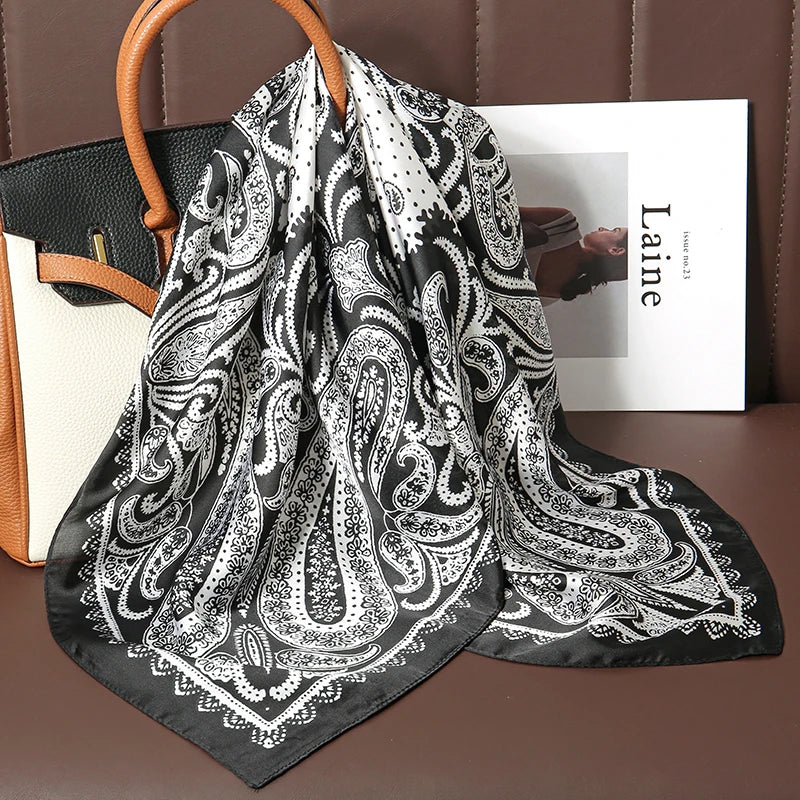 Luxury Satin Silk Square Scarf for Women, Printed Fashion Wrap, Shawl, Neckerchief