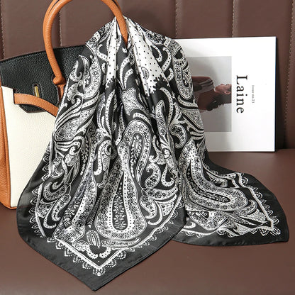 Luxury Satin Silk Square Scarf for Women, Printed Fashion Wrap, Shawl, Neckerchief