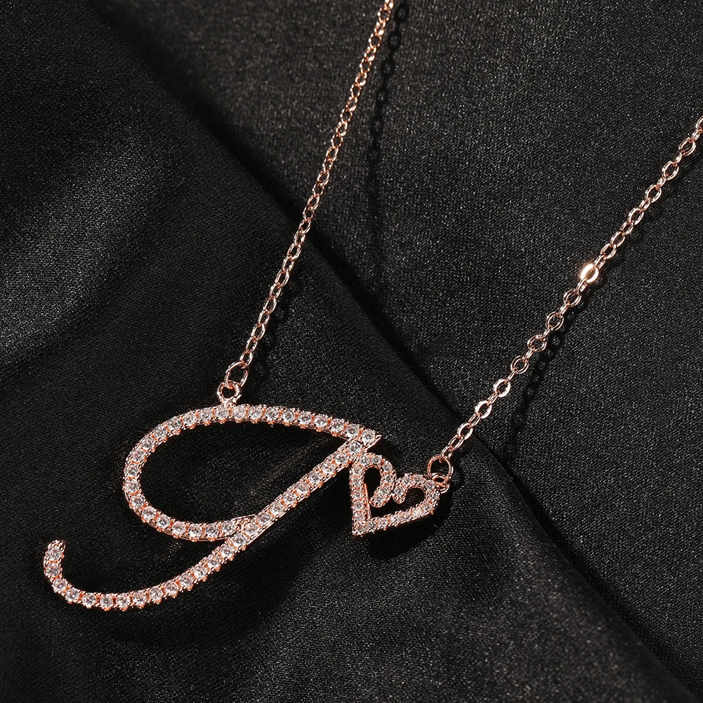 Personalized Initial Cursive Heart Pendant Necklaces