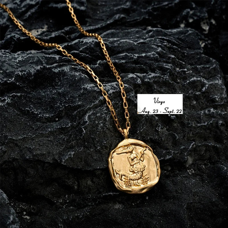 Gold Plated Stainless Steel 12 Zodiac Signs Coin Pendant Necklace