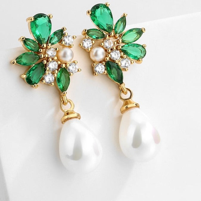 Cubic Zirconia Pearl Bridal Drop Earrings