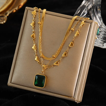 Green Zirconia Stainless Steel Geometric Chain Choker Necklace