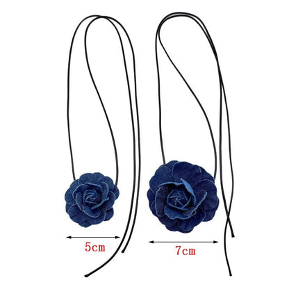 Denim Rose Pendant Rope Chain Necklace