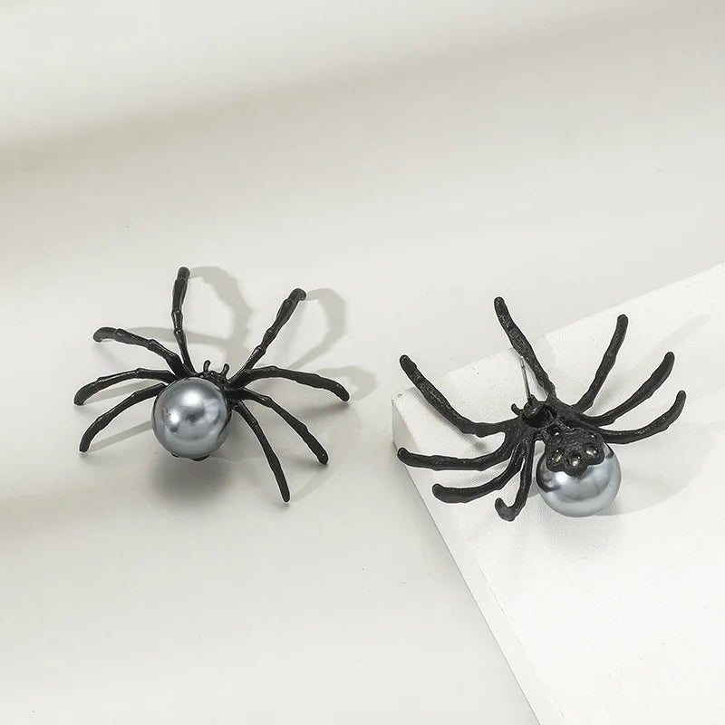 Halloween Gothic Spider-Inspired Black Punk Earrings with Simulated Pearl