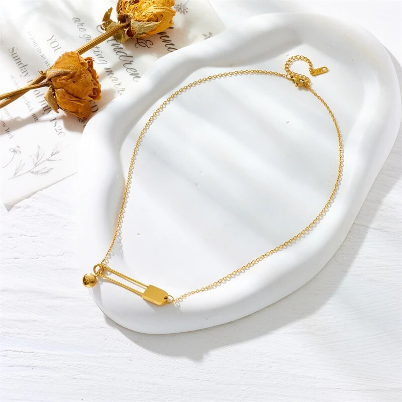 Gold Stainless Steel Paperclip Ball Pendant Necklace