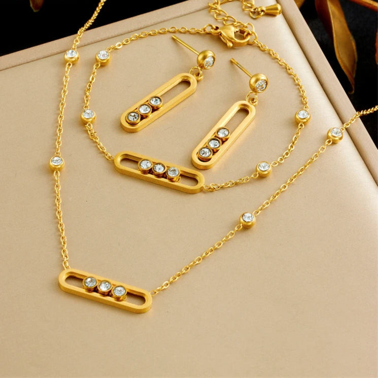 316L Stainless Rounded Rectangle Creative Movable White Crystal Necklace Bracelet Earring Set