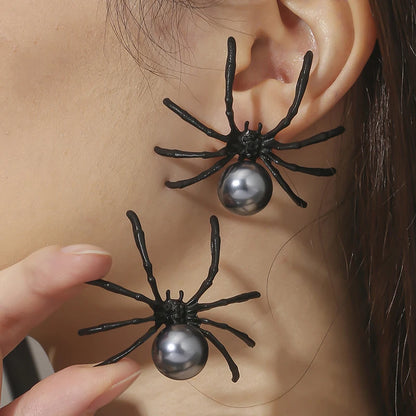 Halloween Gothic Spider-Inspired Black Punk Earrings with Simulated Pearl