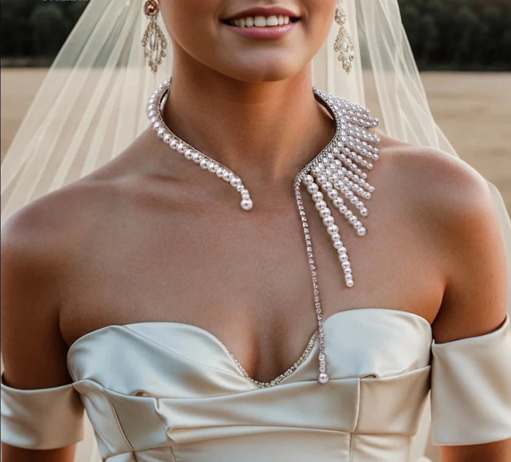 Elegant Pearl Bridal Necklace with Tassel Open Choker Pendant