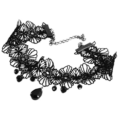 Vintage Gothic Lace Choker, Black Crystal Pendant Charm Choker Necklace