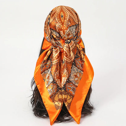 Handkerchiefs Hair Silk Scarf 90*90cm Print Satin Big Square Silk Scarves Shawls for Women Luxury Brand Designer Hijab Headband - Glam Duchess