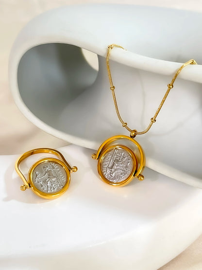 Stainless Steel Gold Silver Plated Greek Roman Coin Pendant Necklace Ring Jewelry Set