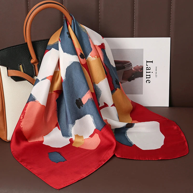 Luxury Satin Silk Square Scarf for Women, Printed Fashion Wrap, Shawl, Neckerchief