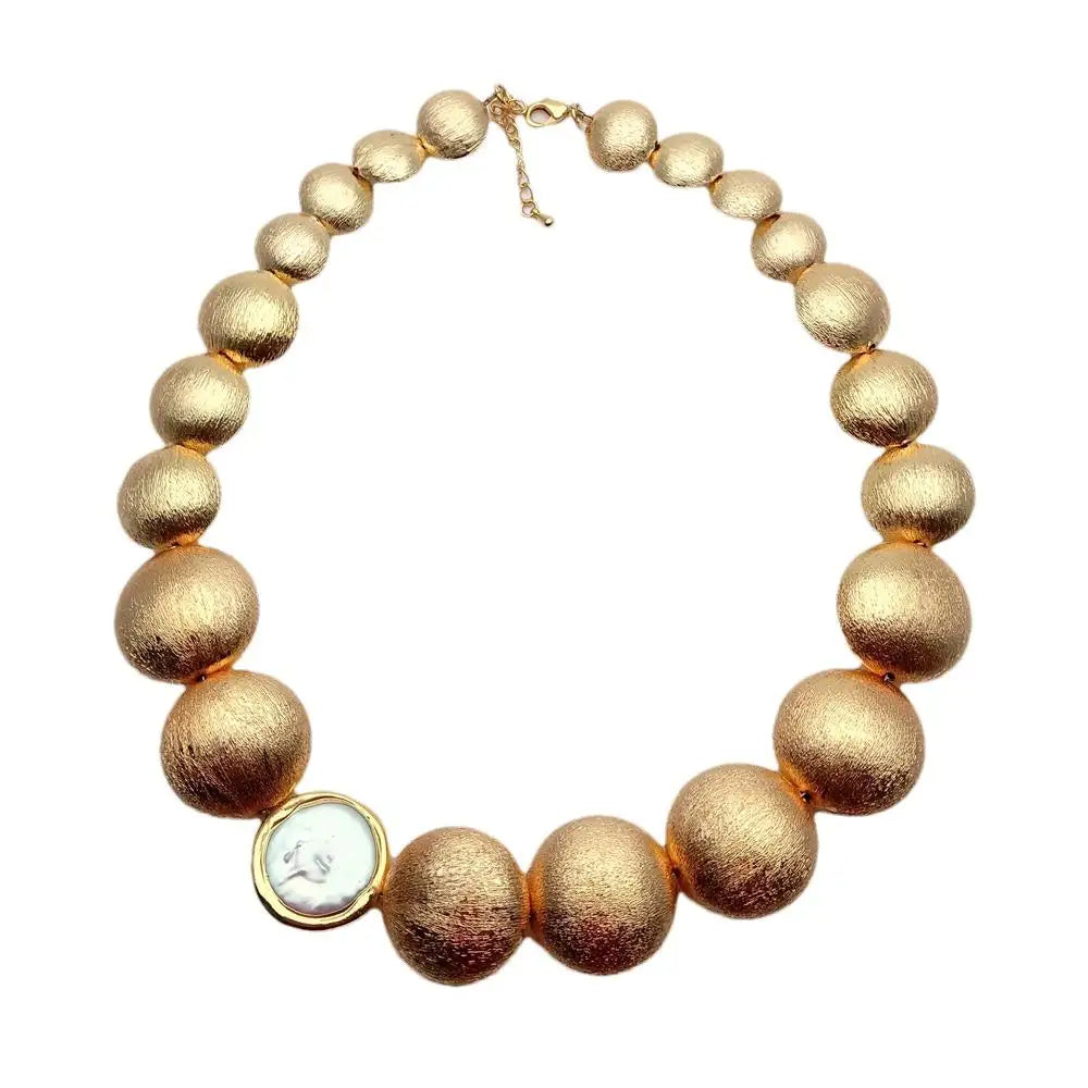 White Keshi Coin Pearl Brushed Bead Accents Necklace