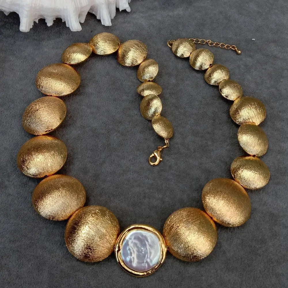 White Keshi Coin Pearl Brushed Bead Accents Necklace