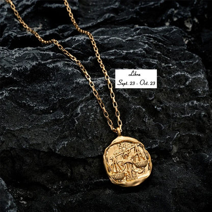 Gold Plated Stainless Steel 12 Zodiac Signs Coin Pendant Necklace