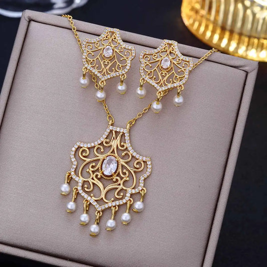 Vintage Wedding Gold Hollow Crystal Floral Necklace Earrings