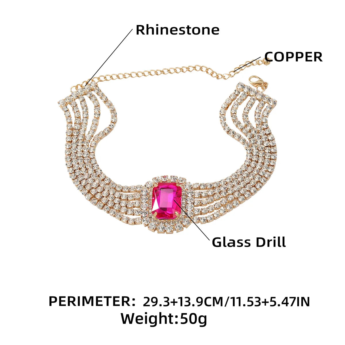Extravagant Multicolored Rhinestone Square Pendant Necklace for Women with Crystal Hollow Chain