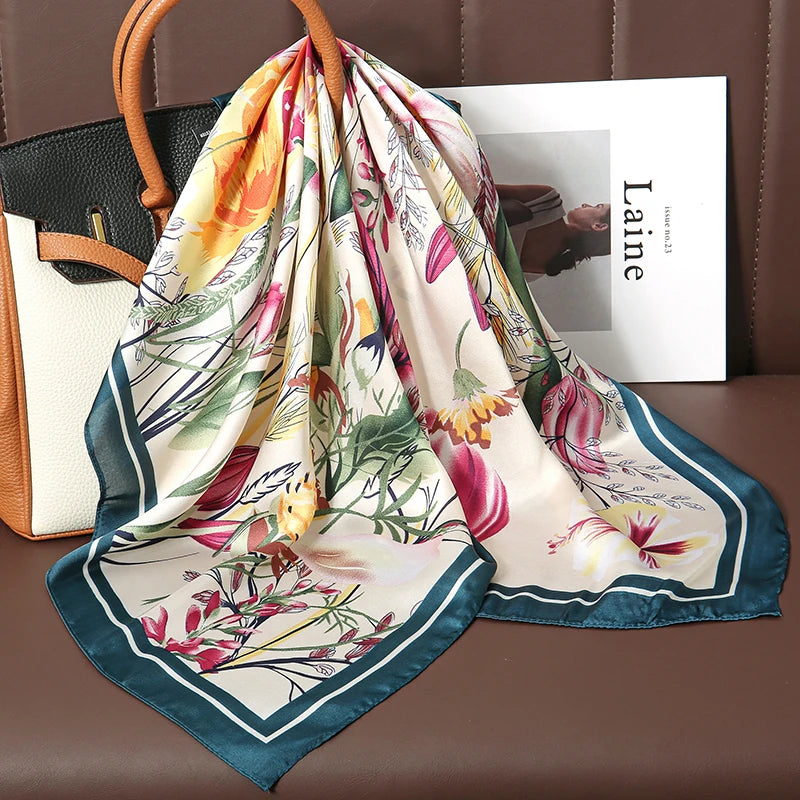 Luxury Satin Silk Square Scarf for Women, Printed Fashion Wrap, Shawl, Neckerchief