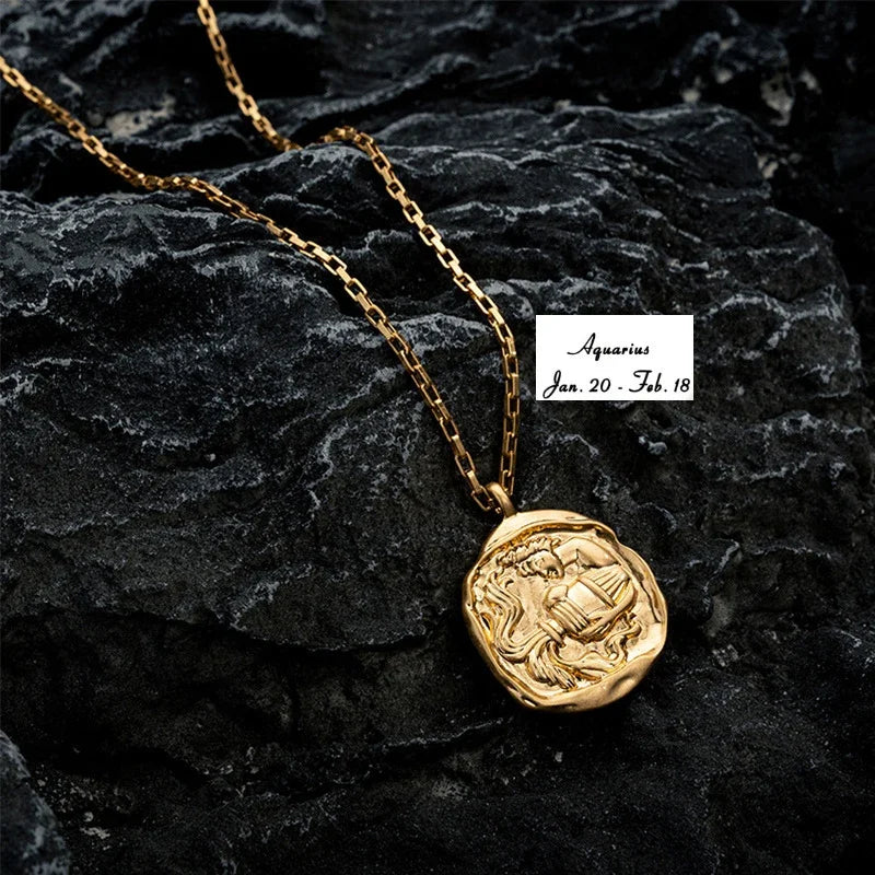 Gold Plated Stainless Steel 12 Zodiac Signs Coin Pendant Necklace