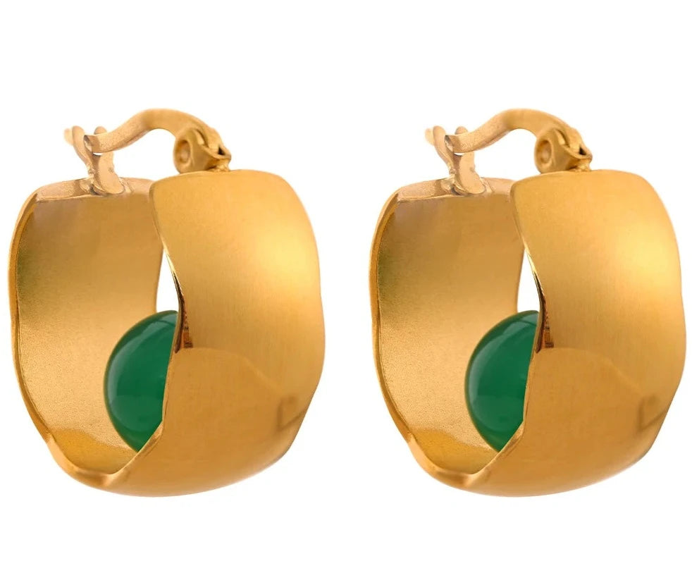 Green Agate Huggie Hoop Earrings Durable Stainless Steel with 18K Gold Plating and Waterproof Charm