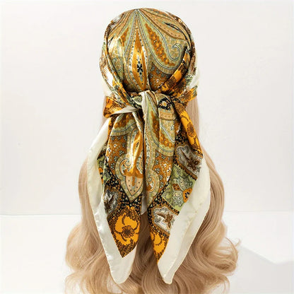 Handkerchiefs Hair Silk Scarf 90*90cm Print Satin Big Square Silk Scarves Shawls for Women Luxury Brand Designer Hijab Headband - Glam Duchess