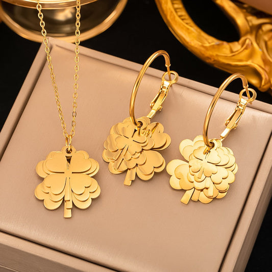 Gold Four-leaf Clover Stainless Steel Earrings and Necklace Set