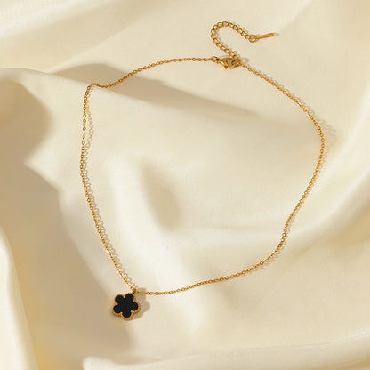 Stainless Steel Black Five Leaf Clover Tassel Pendant Necklace