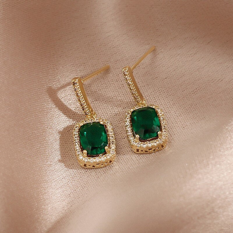 Emerald Geometric Zircon Drop Earrings