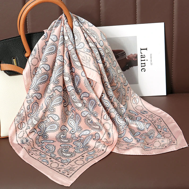 Luxury Satin Silk Square Scarf for Women, Printed Fashion Wrap, Shawl, Neckerchief