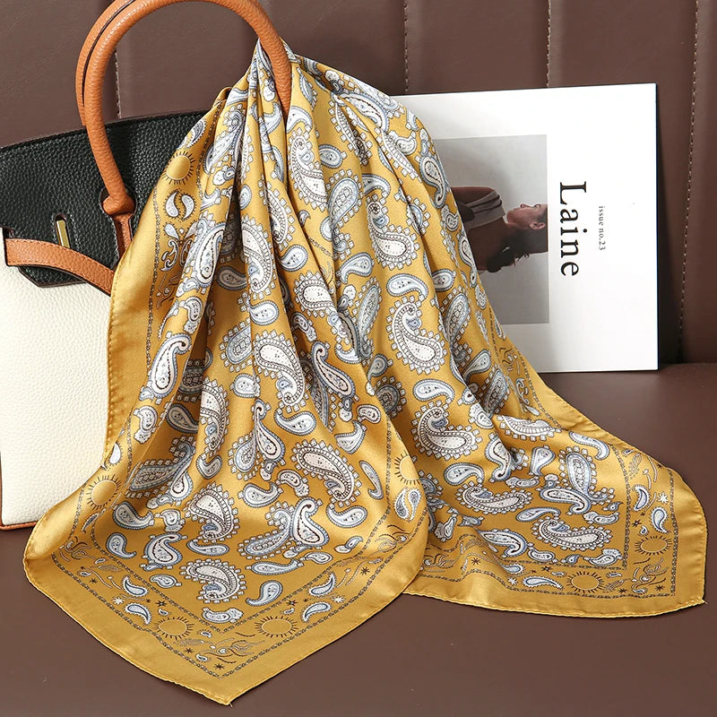 Luxury Satin Silk Square Scarf for Women, Printed Fashion Wrap, Shawl, Neckerchief