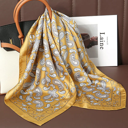 Luxury Satin Silk Square Scarf for Women, Printed Fashion Wrap, Shawl, Neckerchief