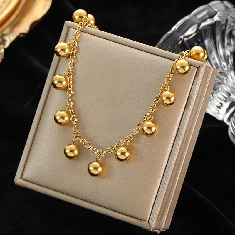 Gold Color Stainless Steel Pendant Necklace with Hollow Ball Beads