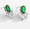 Green Oval Cubic Zircon Stud Earrings with White and Green Flower Design